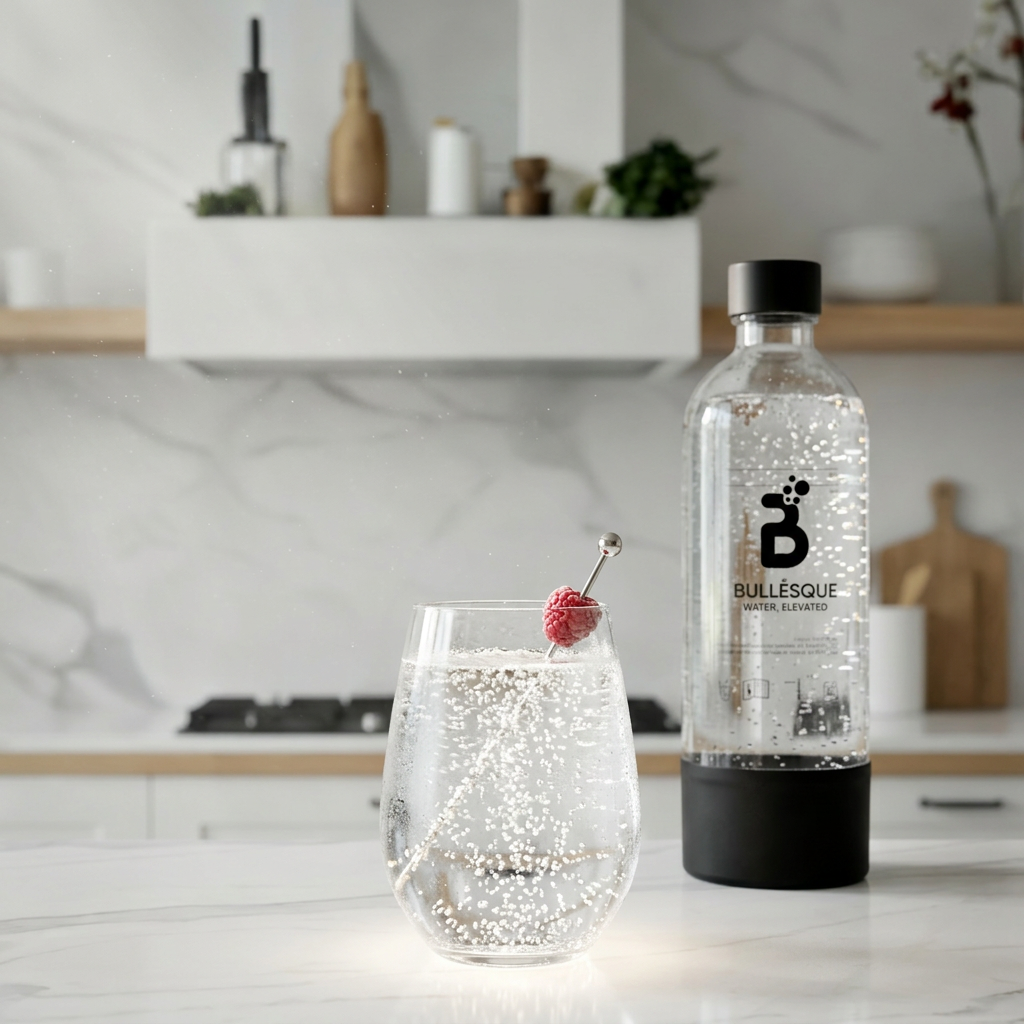 Bottle of Bullésque sparkling water with a glass of sparkling water and a raspberry on a kitchen counter.